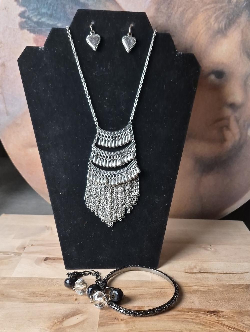 Silver Fringe Layered Necklace with Heart Drop Earrings - Women Jewelry